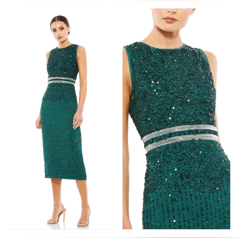 Mac Duggal 10509 Sleeveless Sequined Chiffon Midi Dress